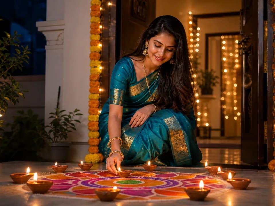 AI-generated Diwali portrait of a woman arranging glowing diyas on a rangoli