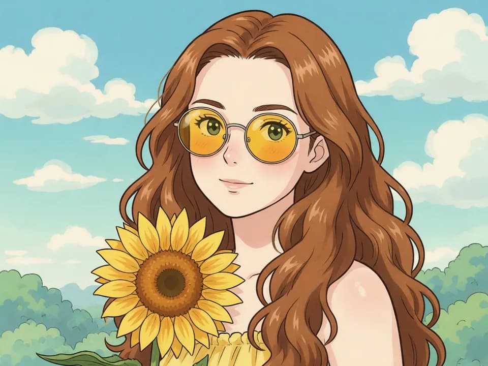 Ghibli-style illustration of a woman with a sunflower, made with the AI Ghibli Generator