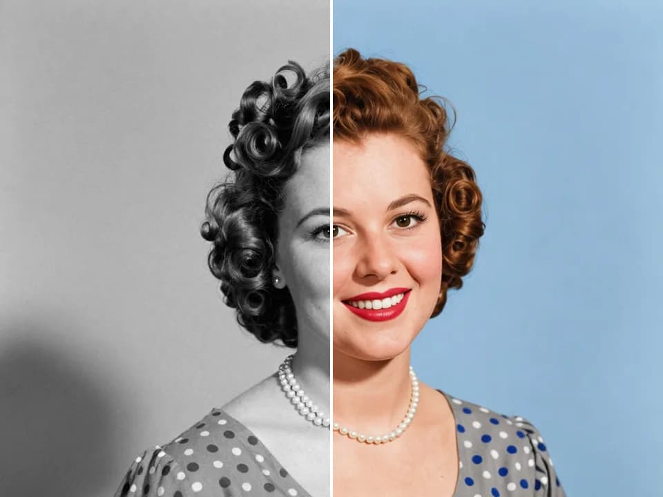 The same 1952 portrait colorized by Magical Studio AI, with auburn hair, red lips and a blue backdrop
