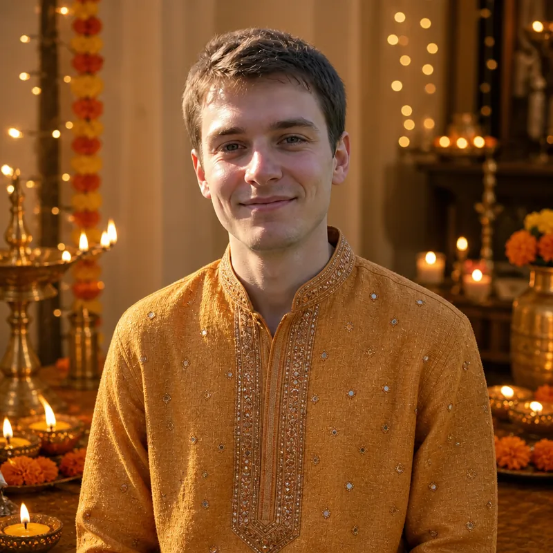 After: the same man in a mustard festive kurta among brass lamps, marigolds and lit diyas