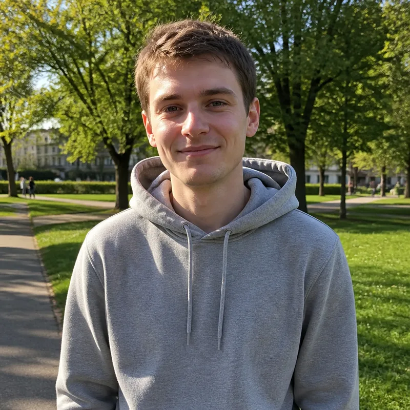Before: a young man in a grey hoodie in a park