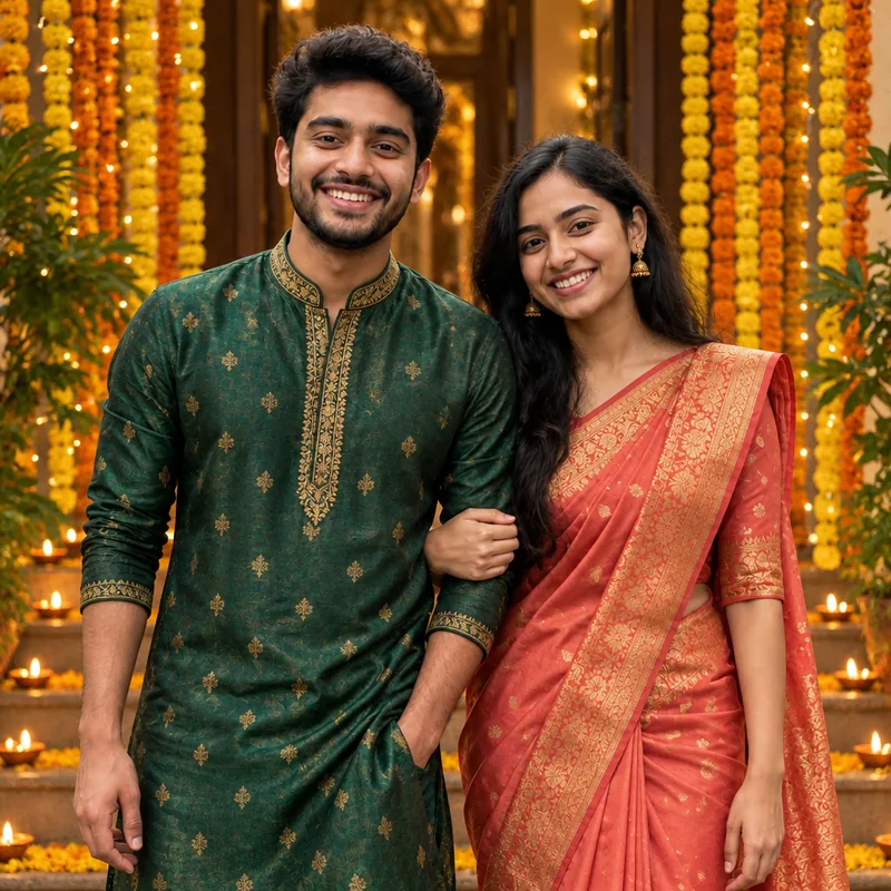 After: the same couple in a green kurta and a coral silk saree with marigold garlands and diyas