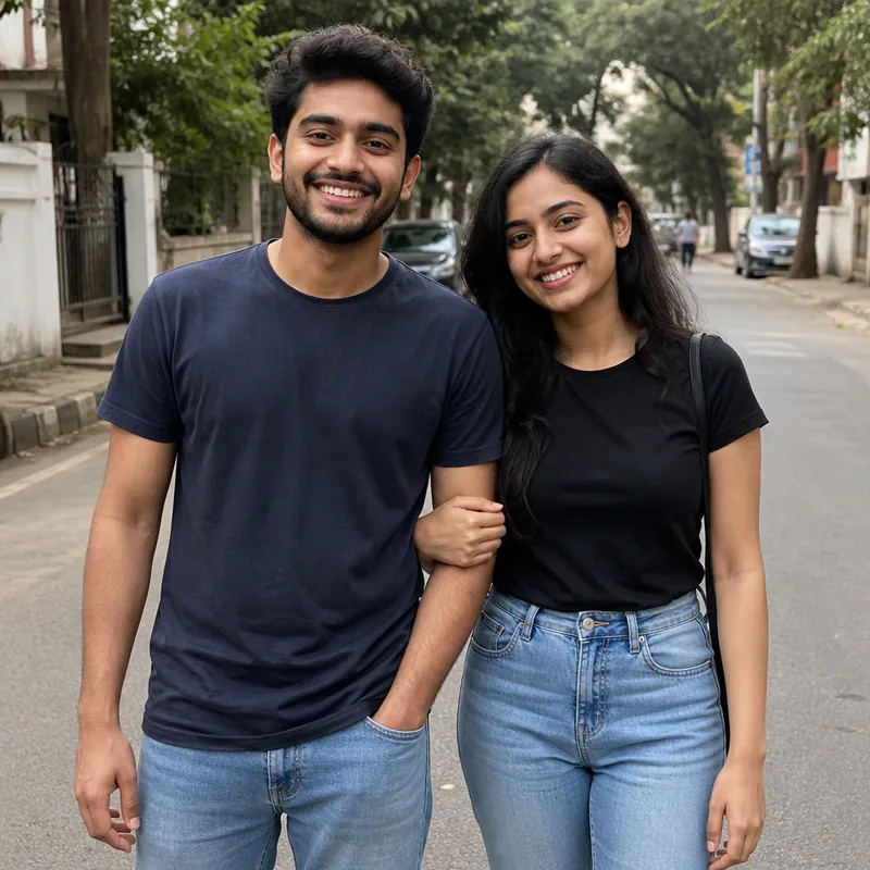 Before: a couple in t-shirts and jeans on a city street