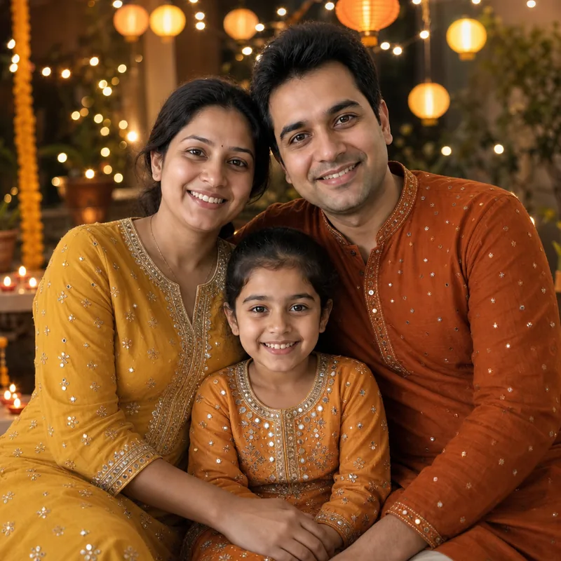After: the same family in mustard and orange festive outfits under warm fairy lights