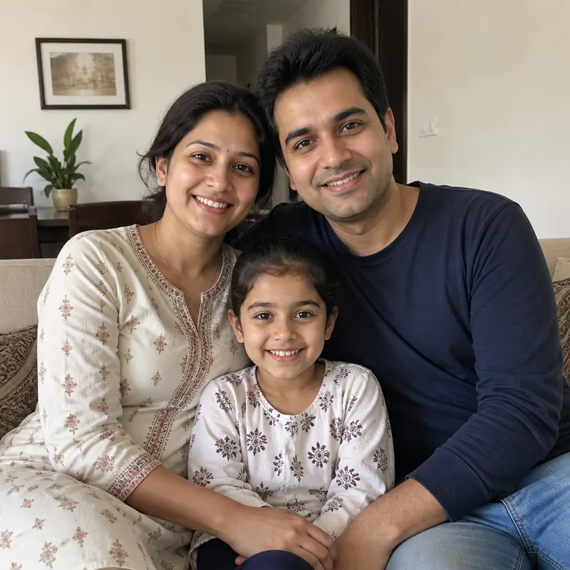 Before: a mother, father and daughter in everyday clothes on a sofa at home