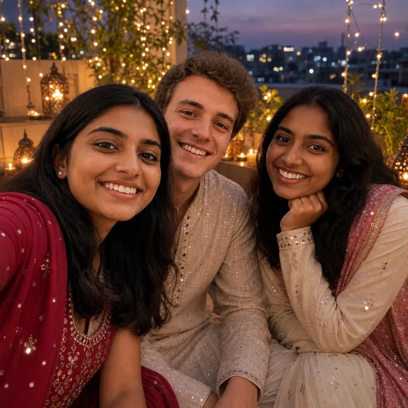 After: the same three friends in festive outfits taking a selfie on a rooftop with fairy lights