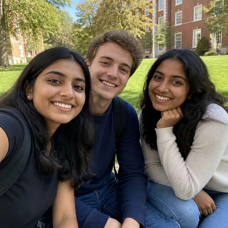 Before: three friends taking a selfie on a college lawn
