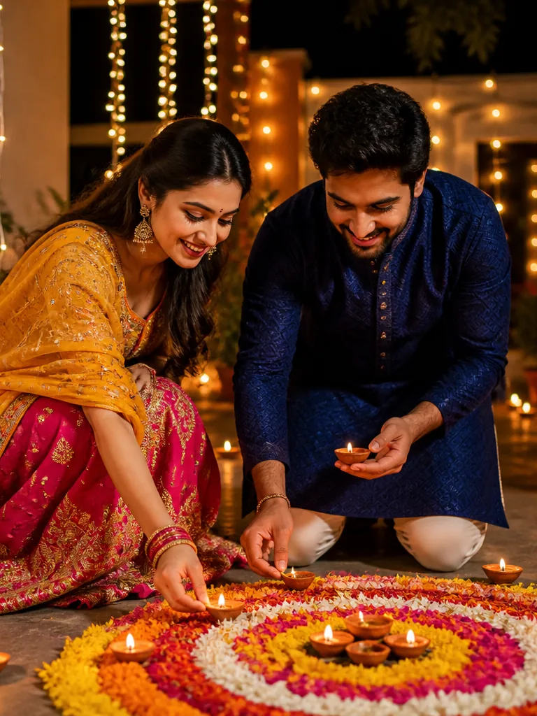A couple in festive clothes lighting clay diyas around a colourful flower rangoli at night
