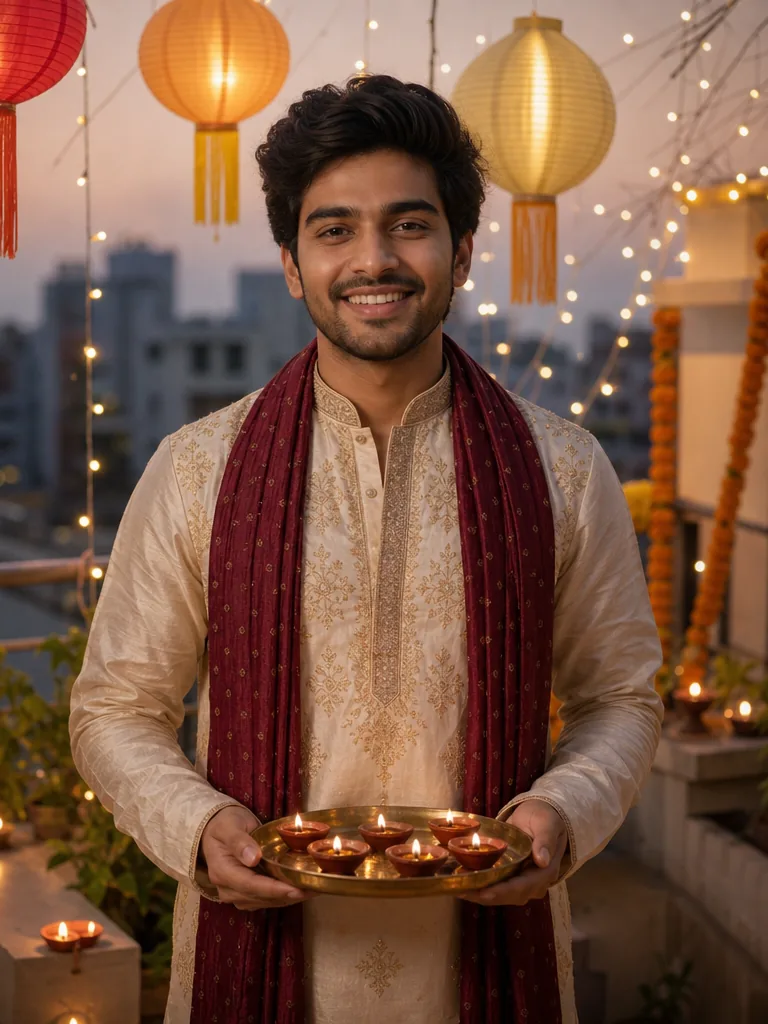 A man in an ivory and gold kurta with a maroon stole holding a plate of lit diyas under hanging lanterns