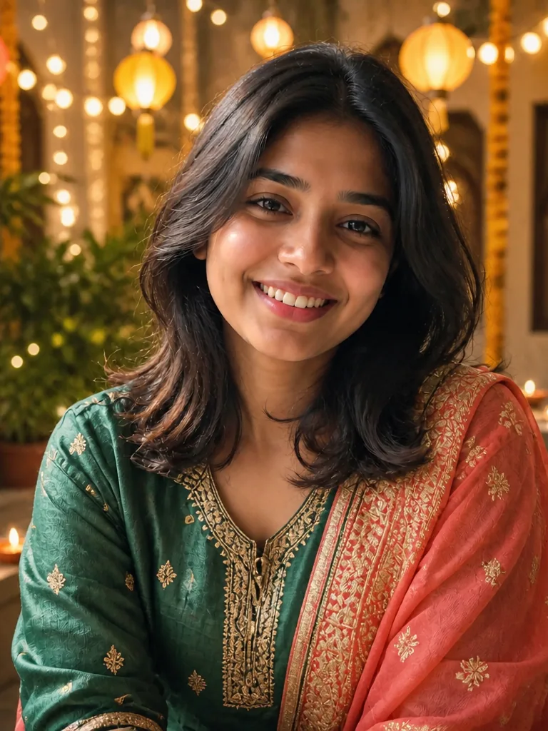 After: the same woman in a green festive suit with a coral dupatta among Diwali lights