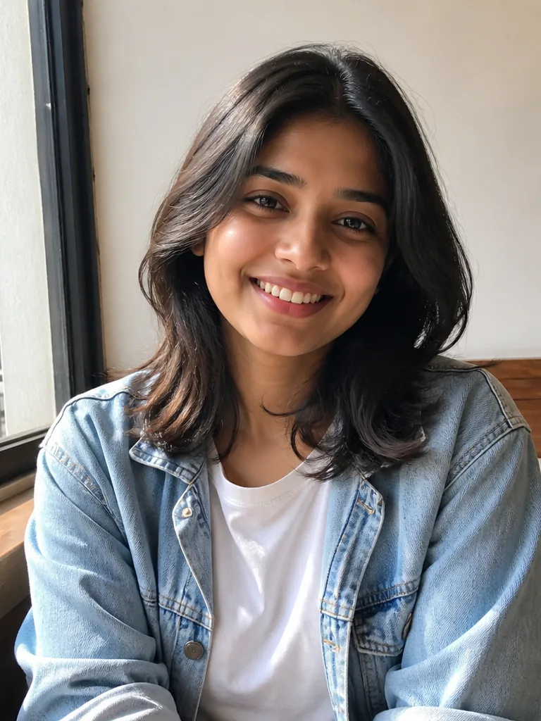 Before: a smiling young woman in a white t-shirt and denim jacket by a window