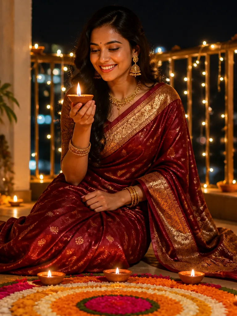 A smiling woman in a maroon and gold silk saree holding a lit diya beside a flower rangoli on a balcony strung with fairy lights