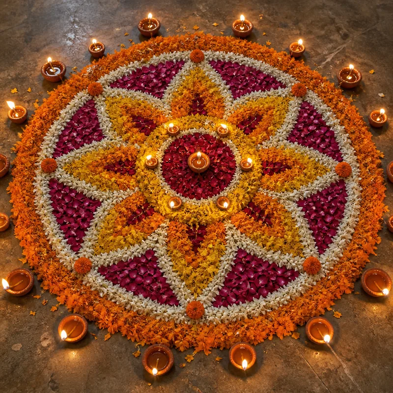 A colourful marigold and rose petal rangoli surrounded by lit clay diyas, seen from above