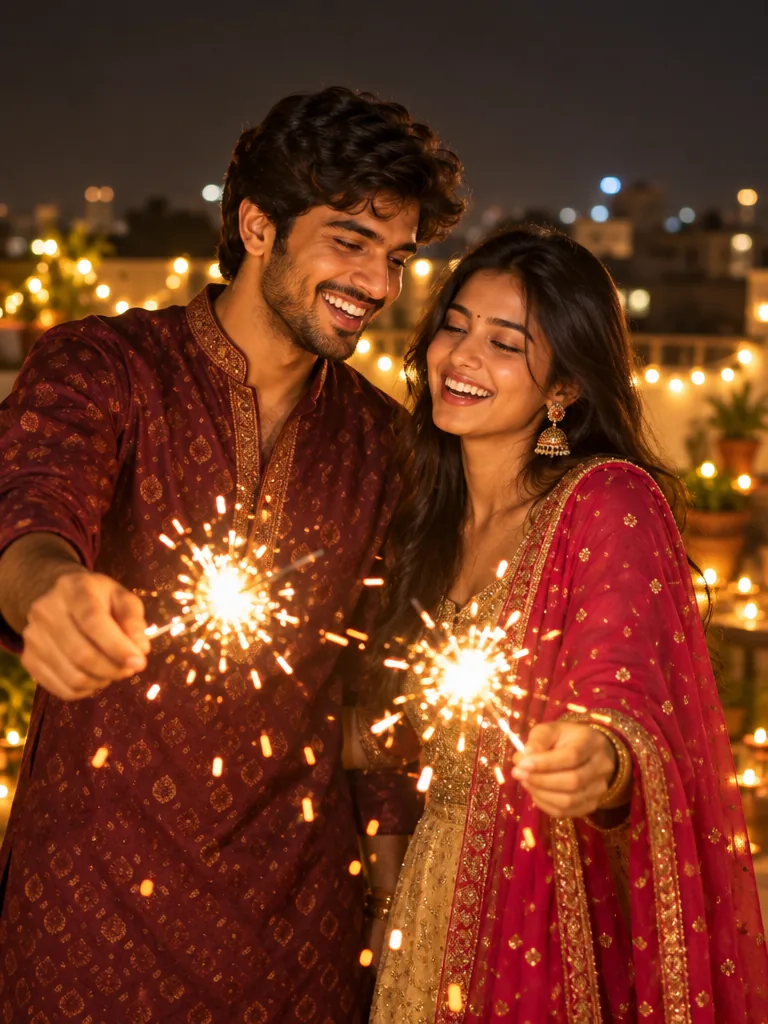 A laughing couple in festive clothes holding lit sparklers on a rooftop at night