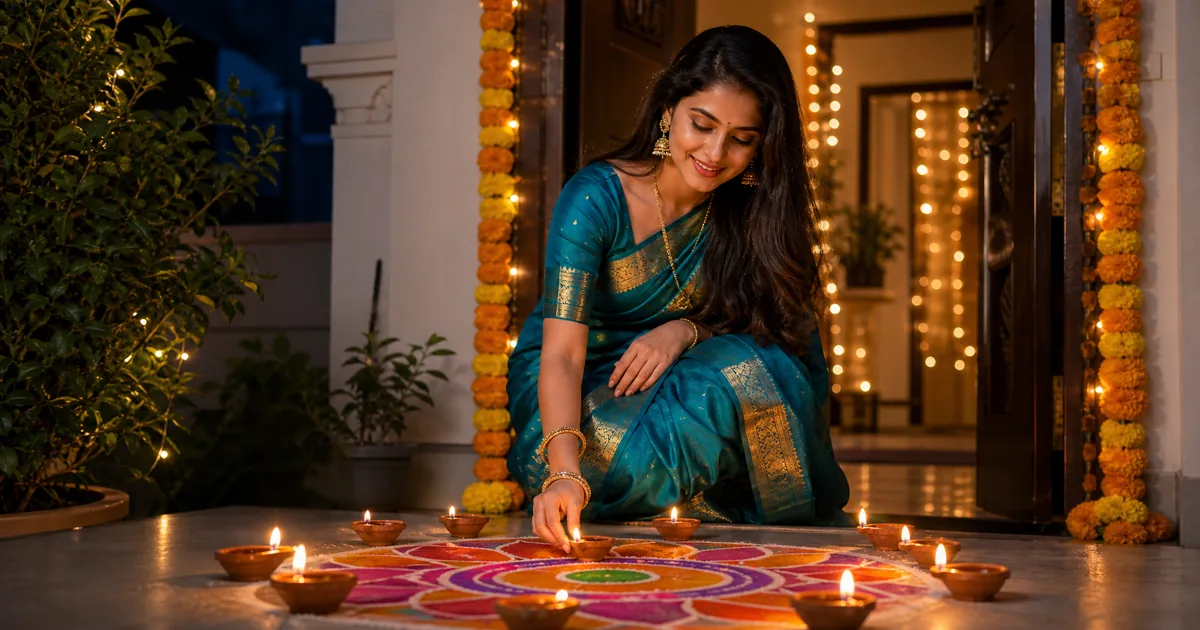 AI-generated Diwali portrait of a woman in a teal and gold saree arranging glowing diyas on a rangoli