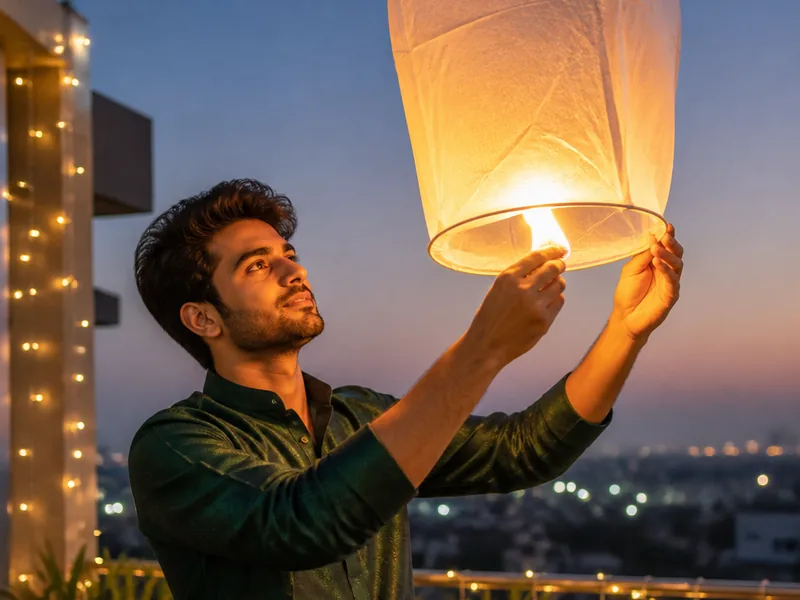 A man releasing a glowing sky lantern from a balcony at dusk