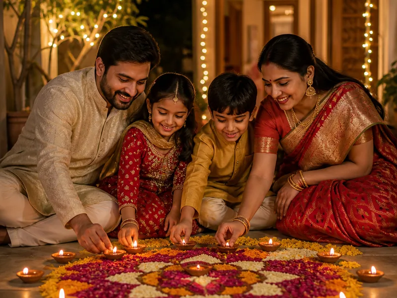 A family of four lighting diyas around a flower rangoli at night