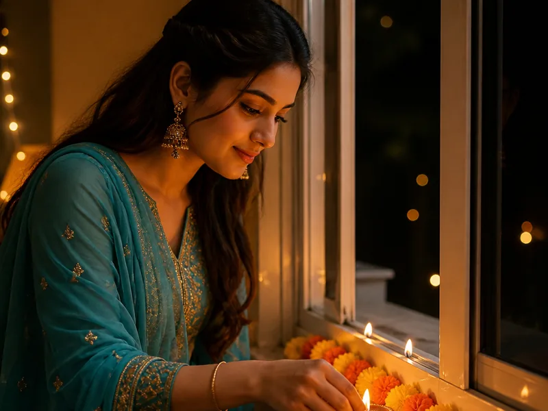 A woman in a teal anarkali placing lit diyas along a windowsill