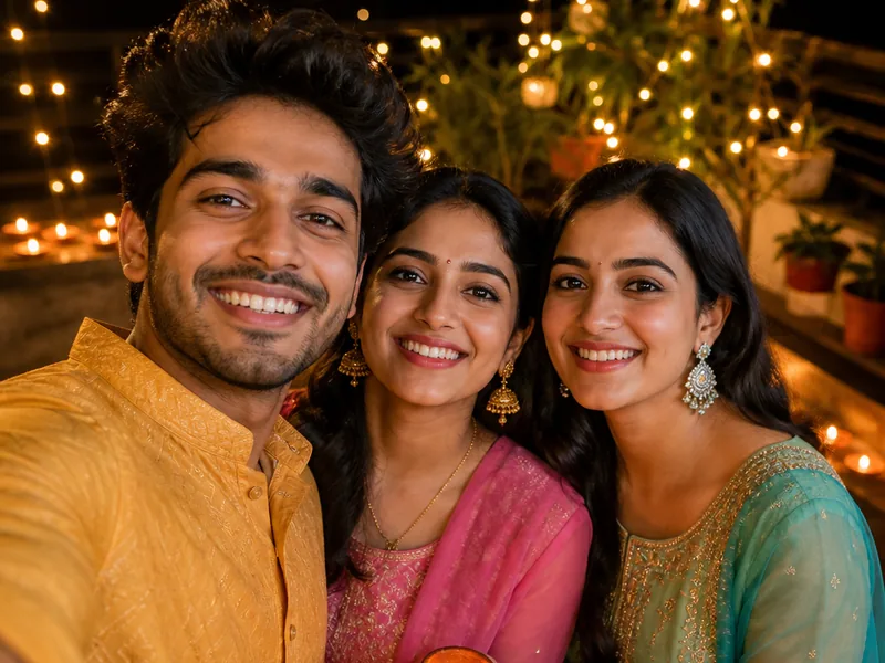 Three friends in festive outfits taking a selfie with diyas on Diwali night
