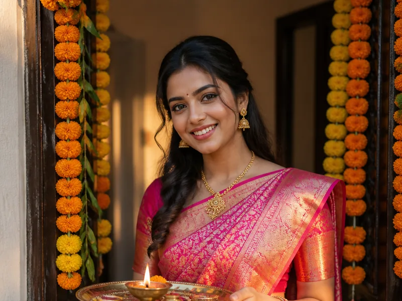 A woman in a pink silk saree holding a pooja thali with a lit diya
