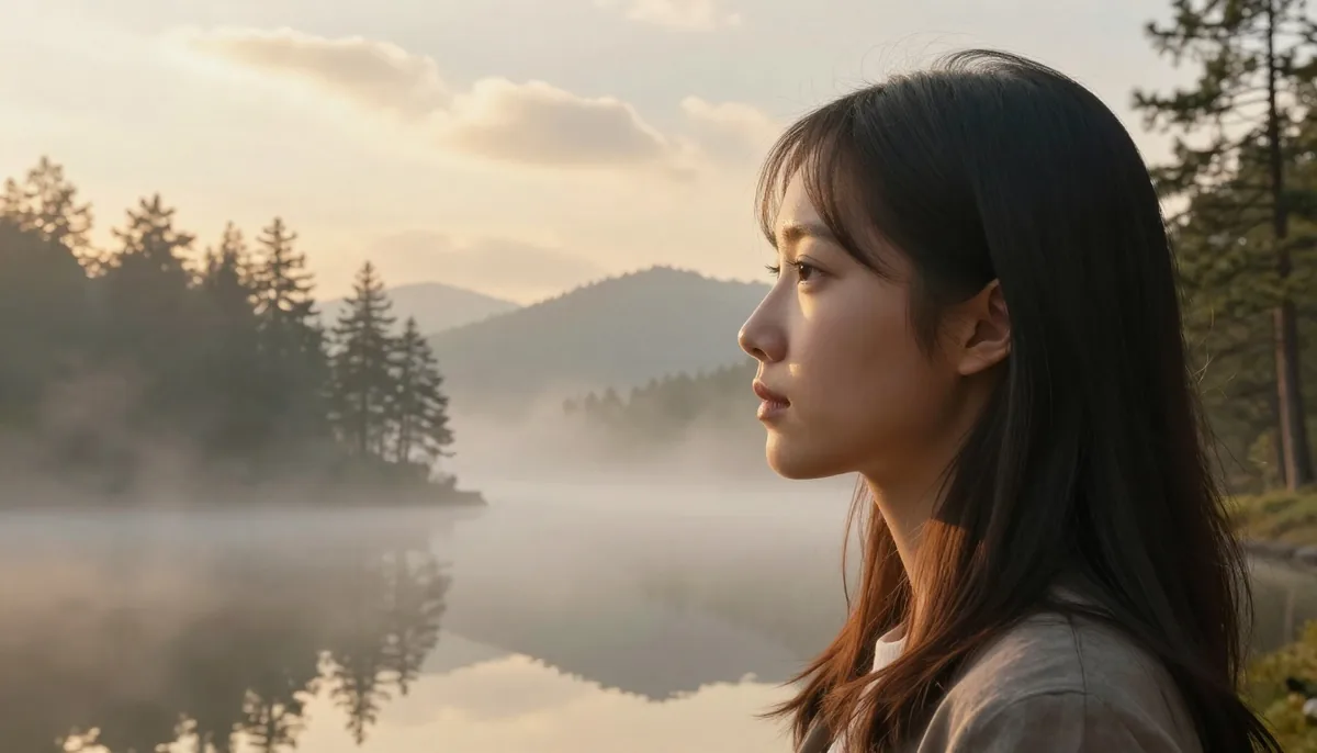 A woman in profile beside a misty mountain lake at golden hour, two scenes blended into one calm artwork.