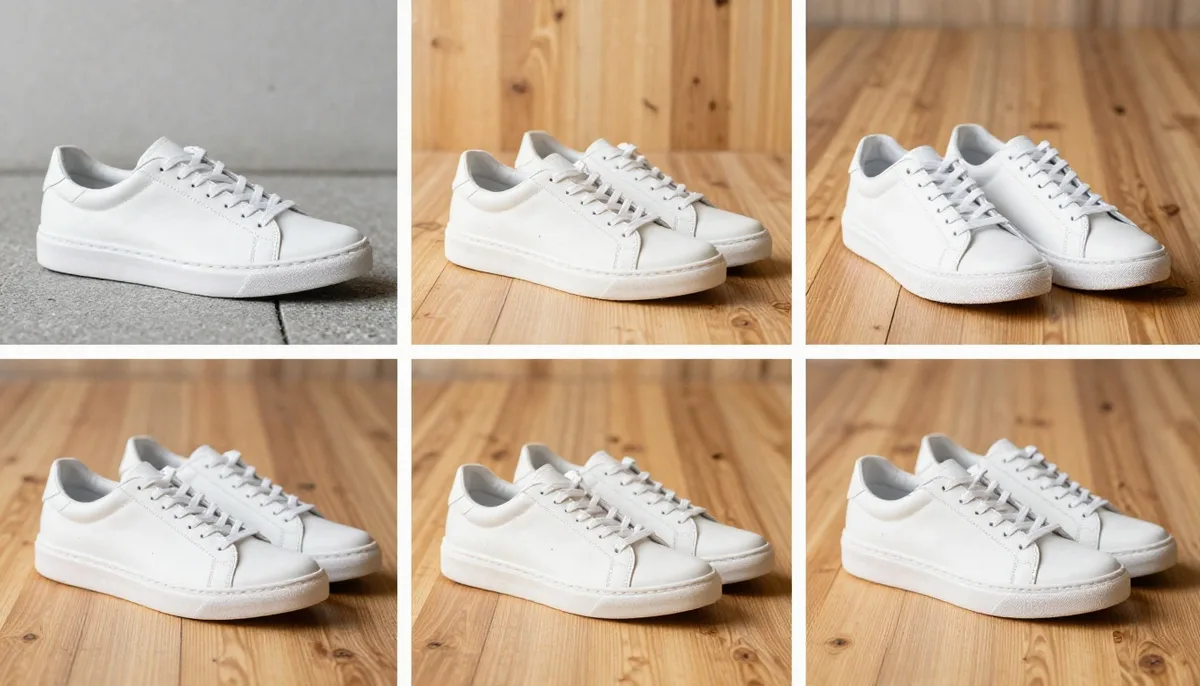 A white shoe photographed in six different product settings.