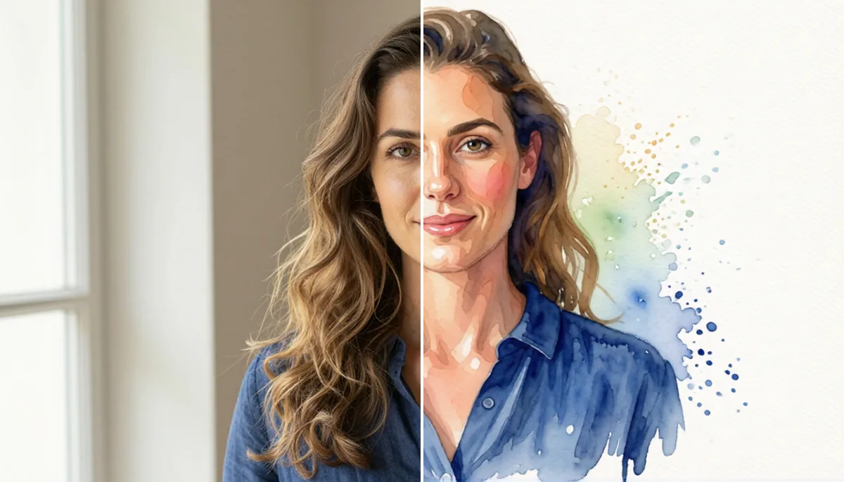 A portrait of a woman split down the middle: the left half is the original photo and the right half is the same portrait turned into a watercolor painting.