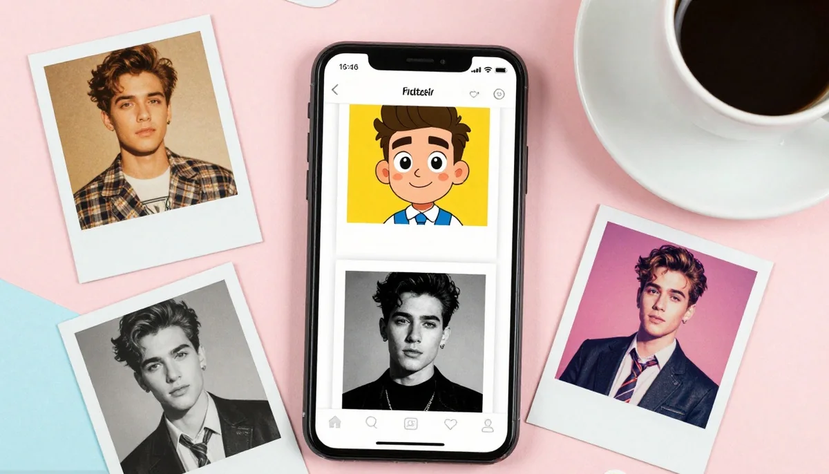 A phone showing a cartoon avatar and a black and white portrait next to retro and pop-art prints of the same young man.