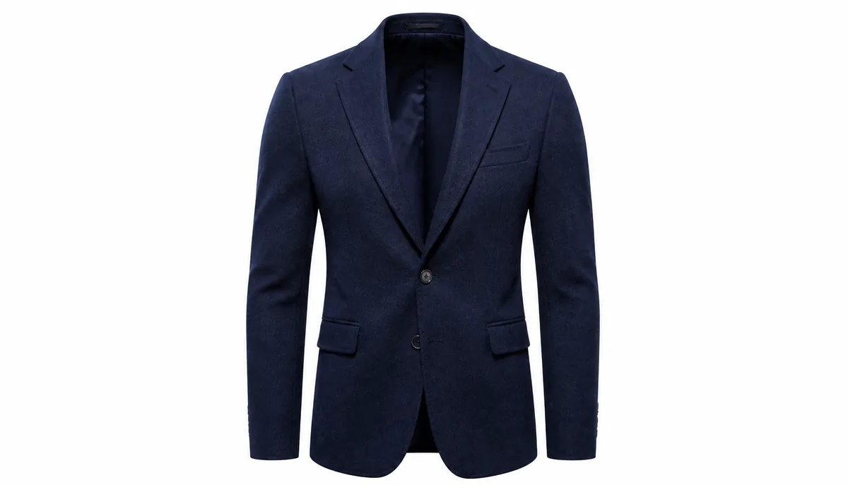 A navy blue blazer photographed with the ghost mannequin effect, appearing worn by an invisible body on a white background.