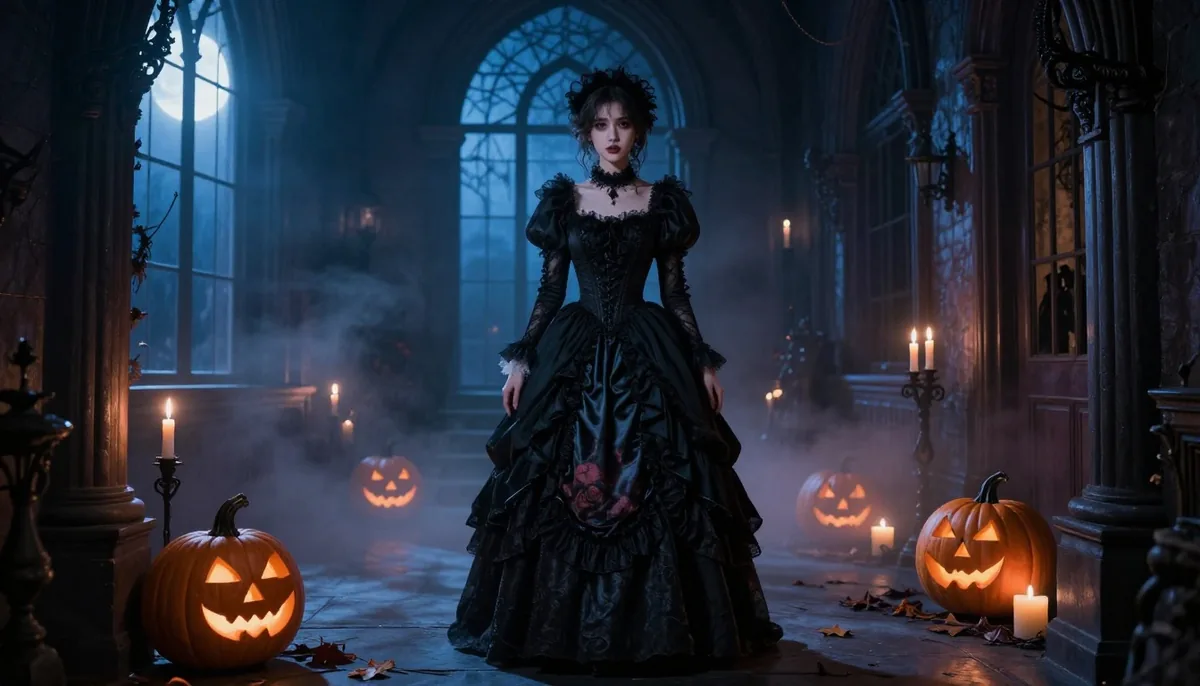 A woman in a black Victorian gown in a candlelit haunted mansion hallway, with glowing jack-o'-lanterns and moonlight through tall windows.