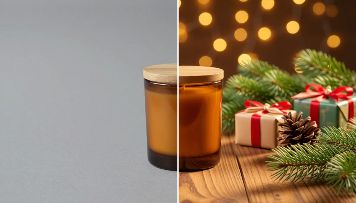 An amber glass candle jar split down the middle: on the left a plain photo on a grey table, on the right the same jar in a festive Christmas setting with pine branches, gifts and warm lights.