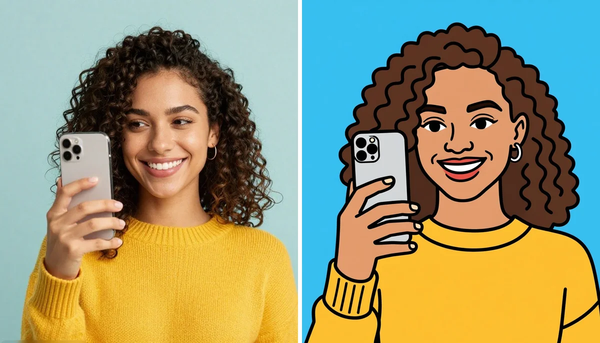 A smiling woman taking a selfie next to the same photo turned into a colorful cartoon portrait.