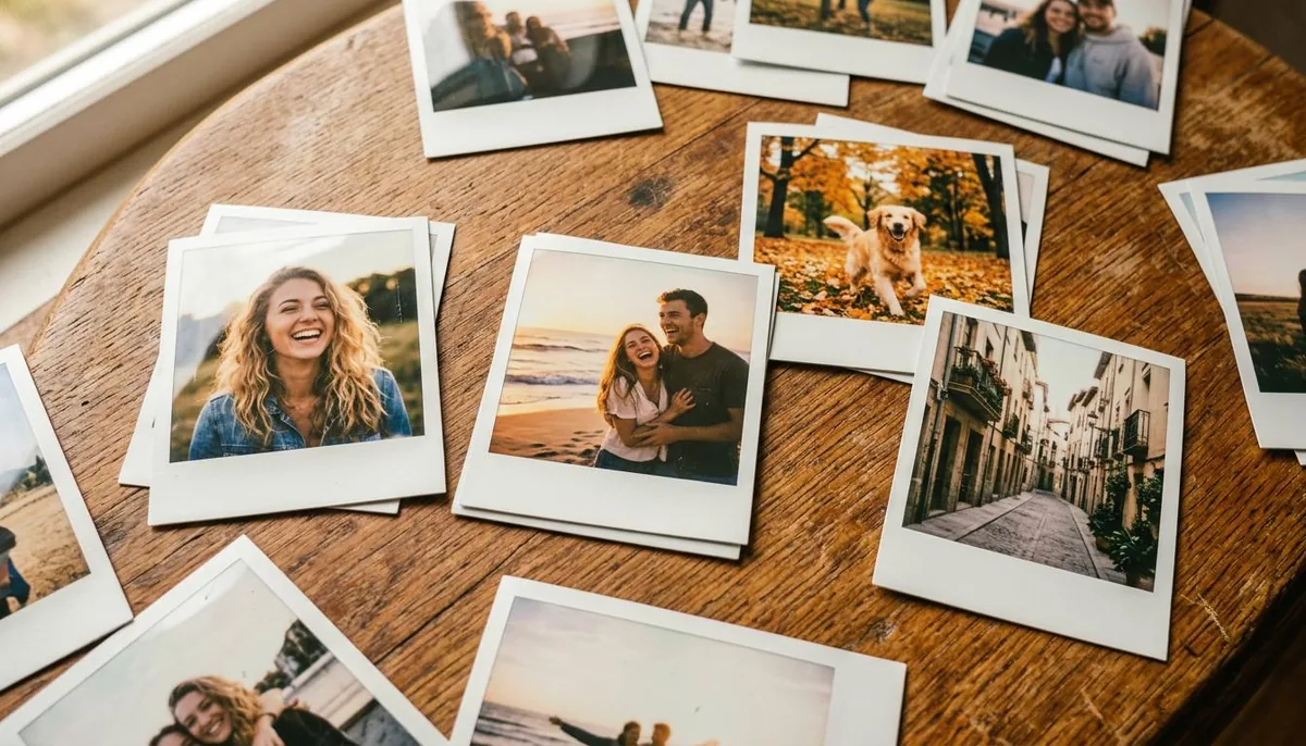 Retro instant photo prints with white borders scattered on a wooden table, showing a smiling woman, a couple on a beach at sunset, a golden retriever in autumn leaves and a European street.