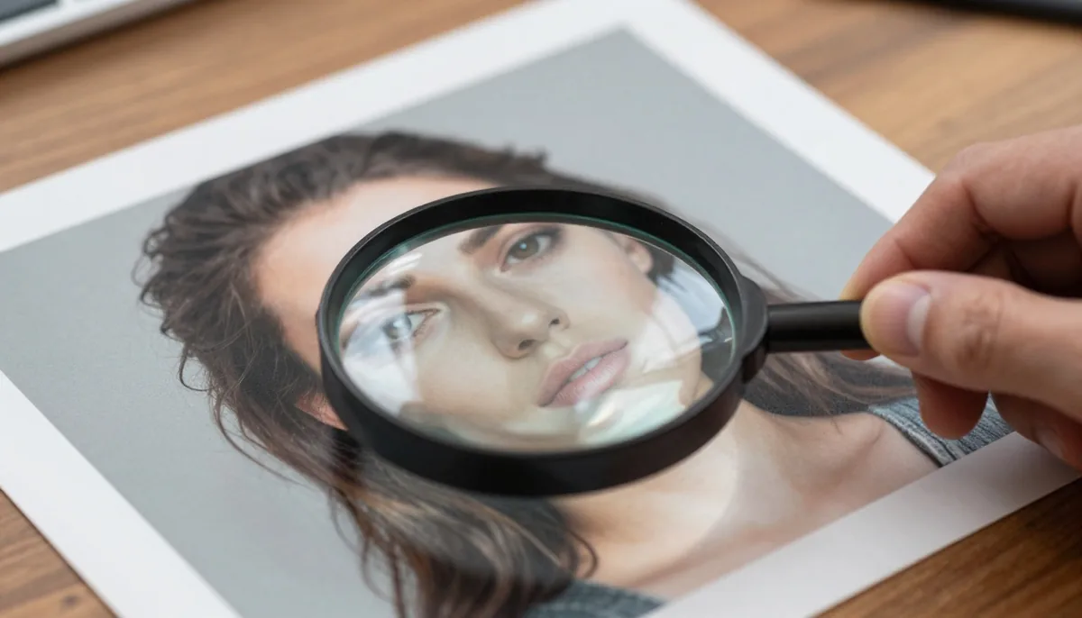 A magnifying glass held over a printed portrait to check the face for signs of AI generation.