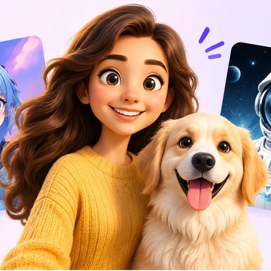Cartoon portrait style inspiration: a smiling woman with her dog
