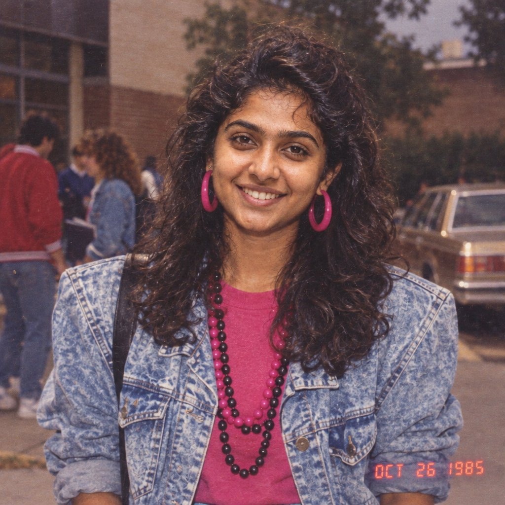 The same person restyled as a 1985 photo with curly hair, an acid-wash denim jacket, hoop earrings and a film date stamp by Magical Studio AI
