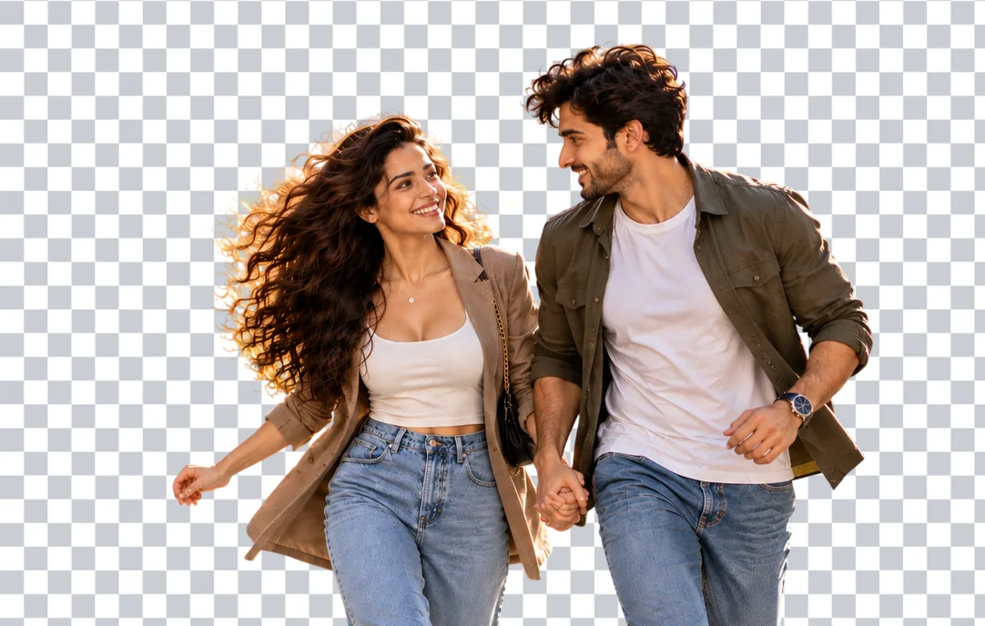 Before and after: a couple running down a city street, with the background removed on one side