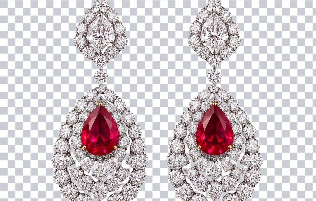 Before and after: ruby drop earrings on red velvet, with the background removed on one side