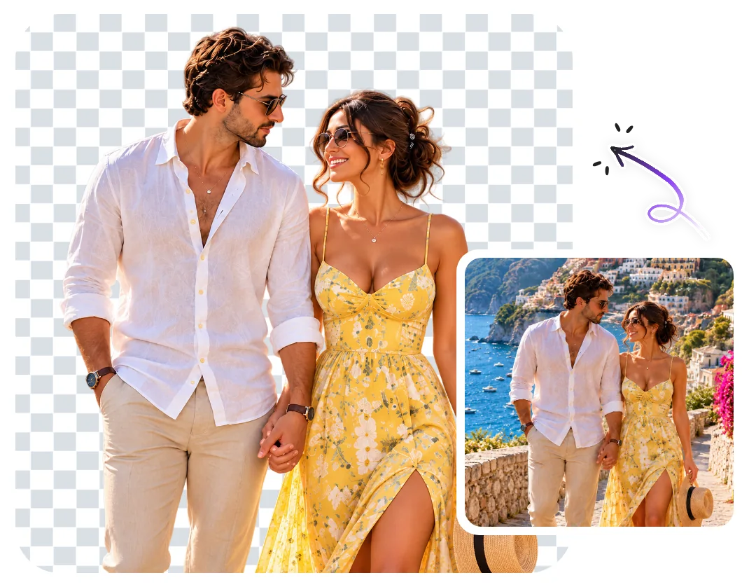 A couple walking by the sea cut out on a transparent background, with the original photo beside it
