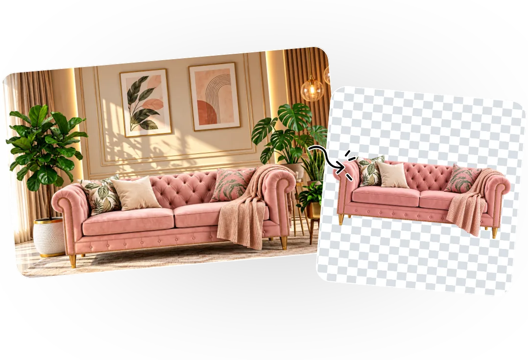 A pink sofa in a living room next to the same sofa cut out on a transparent background