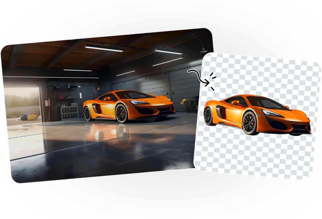 An orange sports car in a garage next to the car cut out on a transparent background