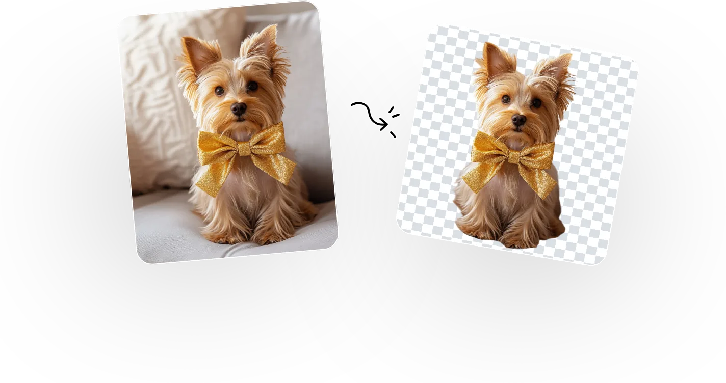 A Yorkshire terrier with a yellow bow next to its cutout on a transparent background