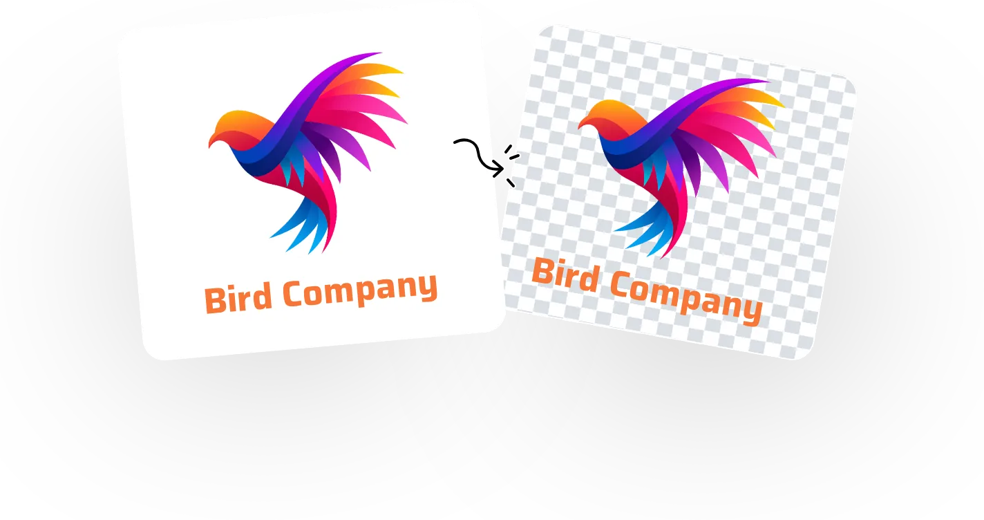 A colorful bird logo on white next to the logo on a transparent background