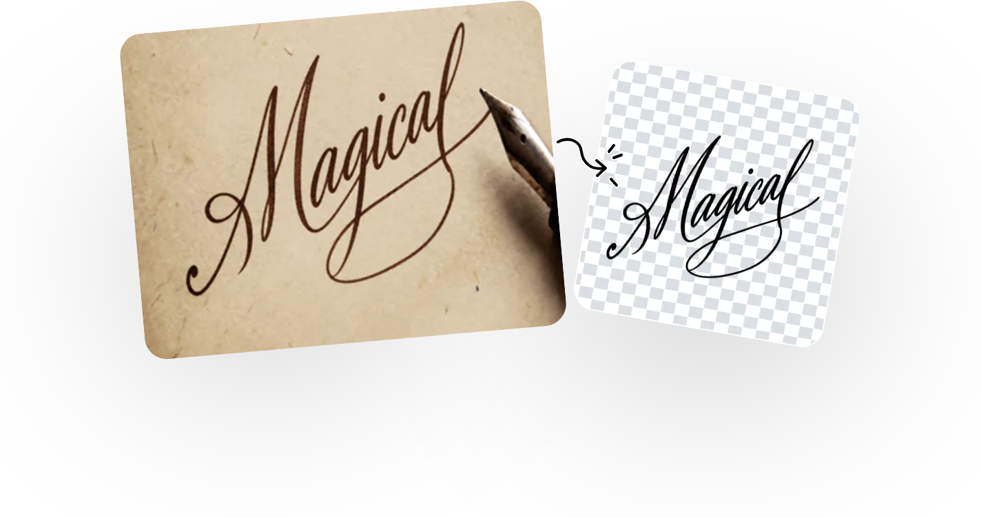 A handwritten signature on paper next to the signature on a transparent background