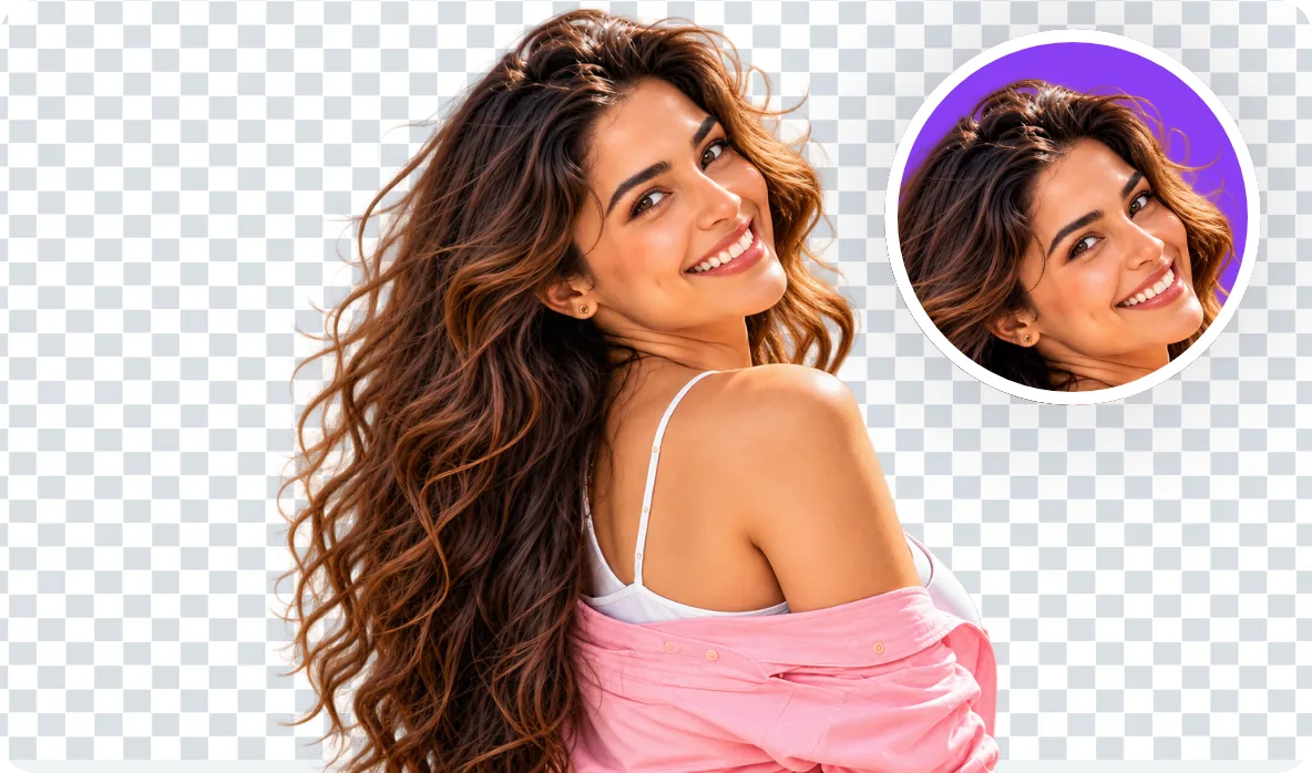 A smiling woman cut out on a transparent background with a round close-up