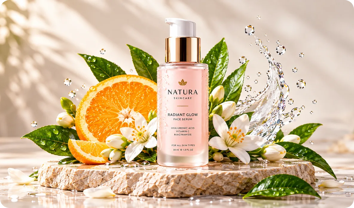 A skincare bottle with oranges and flowers