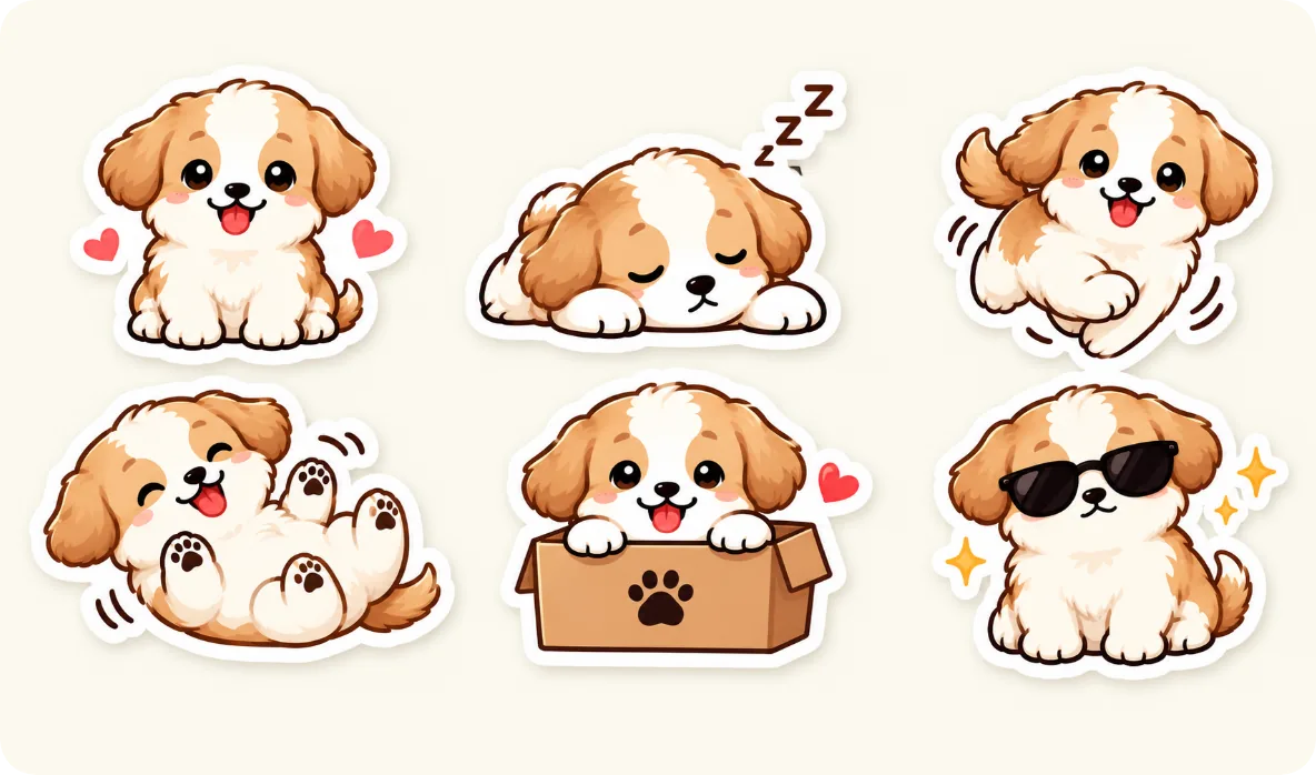 Six cute puppy stickers