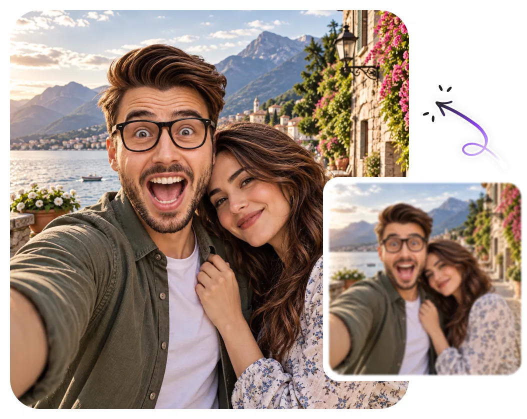 A smiling couple taking a selfie by the sea, with the blurry original photo beside the sharp enhanced one