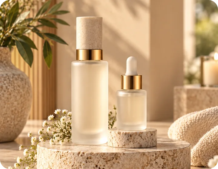 Skin care bottles on a stone stand