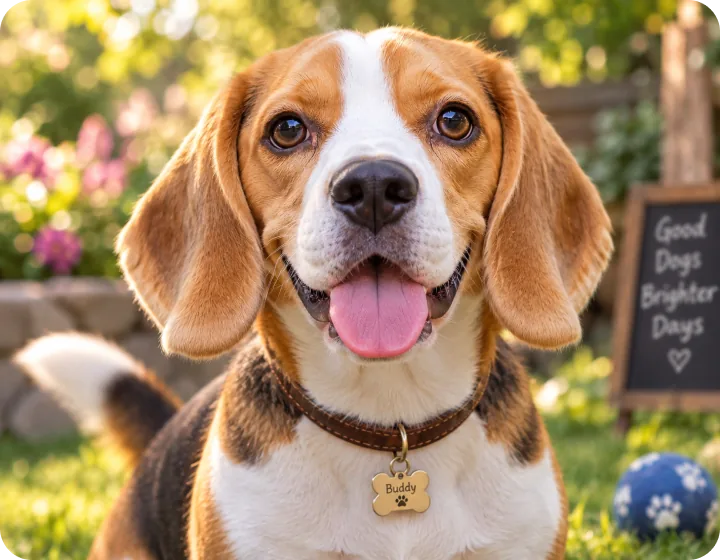 A happy beagle in a sunny garden